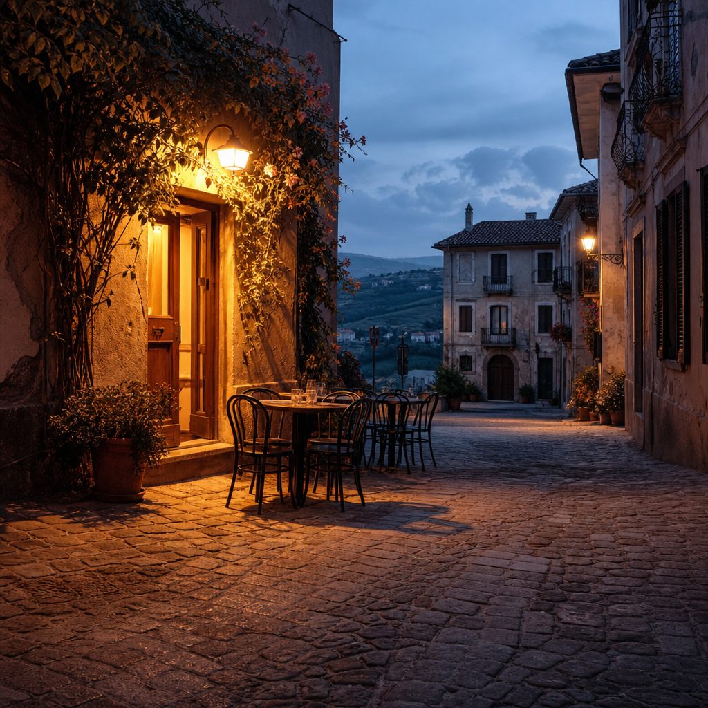 Piazza di paese la sera, con la luce calda di un bar che si riversa sulla pietra consumata e i tavolini vuoti