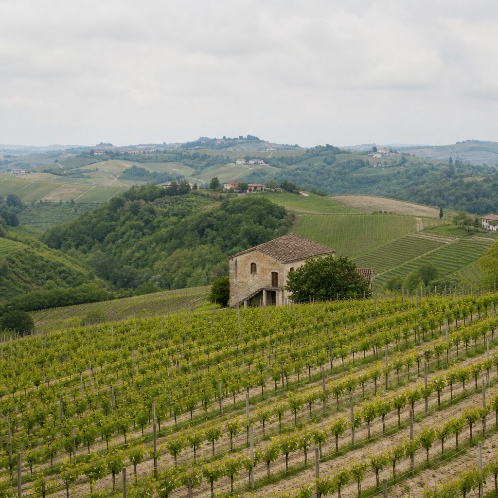Filari di vigneto a fine primavera, germogli verdi contro il terreno chiaro e un cascinale isolato