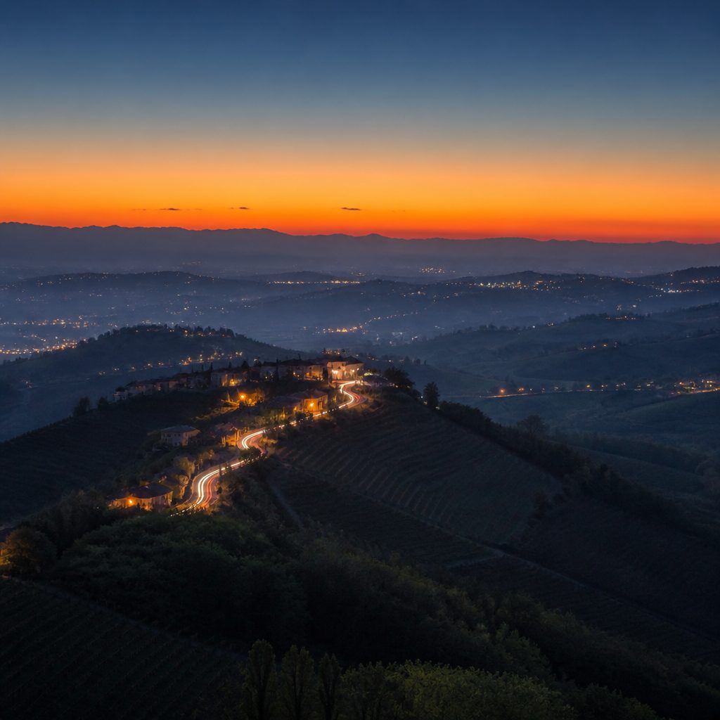 Strada di crinale al crepuscolo vista dall'alto, con i fari di un'auto che ne seguono il profilo