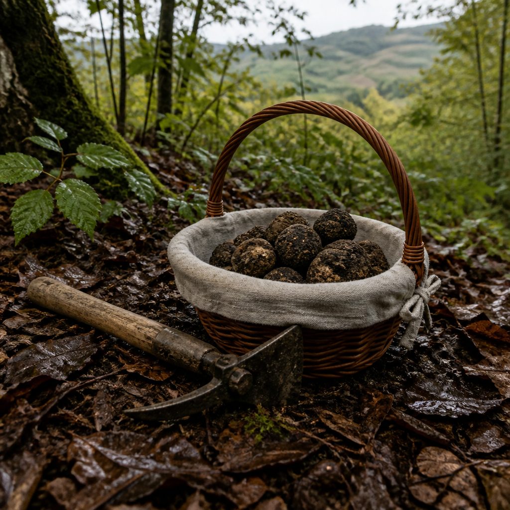 Cesto di vimini foderato di tela con alcuni tartufi, appoggiato sul suolo umido del bosco